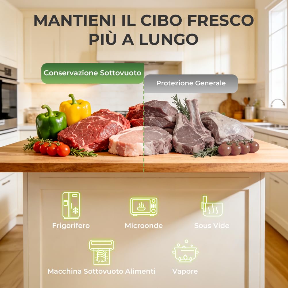 Sacchetti Sottovuoto Alimenti 6 Rotoli 20/28x600cm, Goffrato Sacchetti Sottovuoto per Macchina Sottovuoto e Cottura Sous Vide, Senza BPA