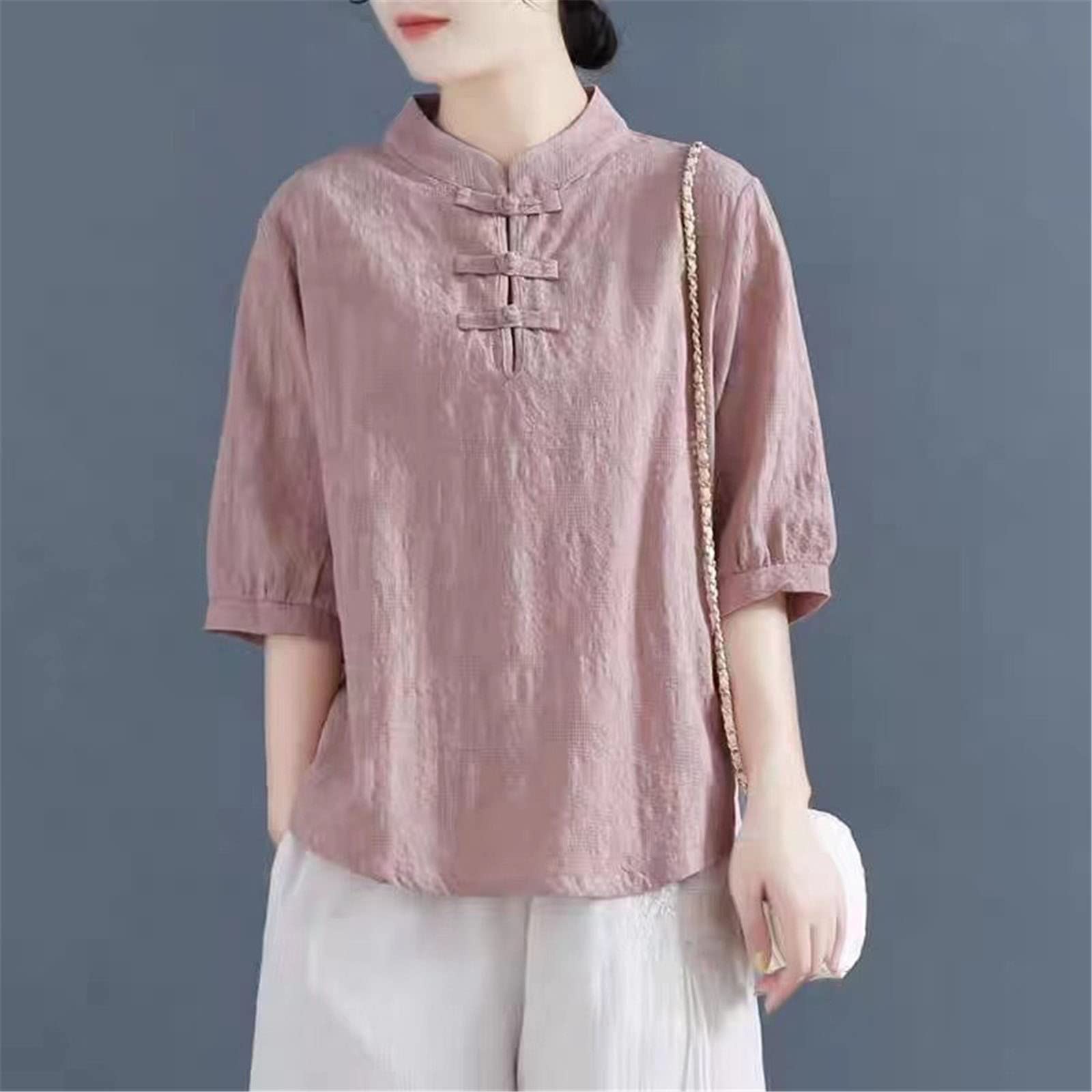 Chemise en coton à manches mi-longues pour femme - Style chinois - Col montant - Grande taille, blanc, XXL