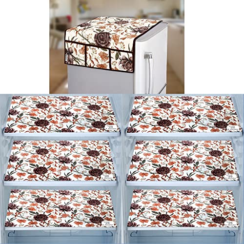 Image of Combo Set of 1 Pc Fridge Top Cover and 6 Pc Fridge Mats (Brown, Set of 7)