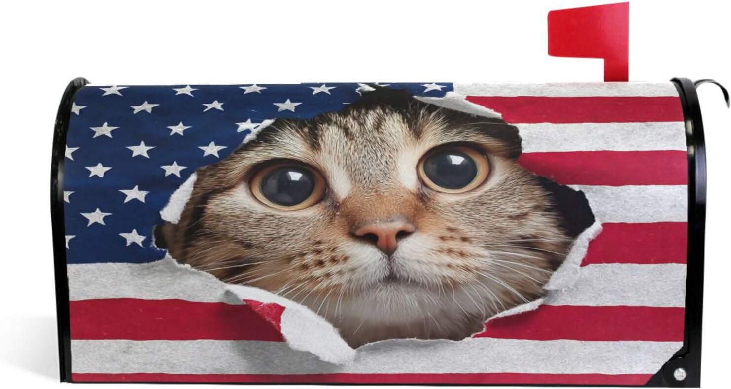 Wamika Cute Kitty Cat USA Flag Mailbox Cover - Magnetic, Large Size 25.5" X 21"