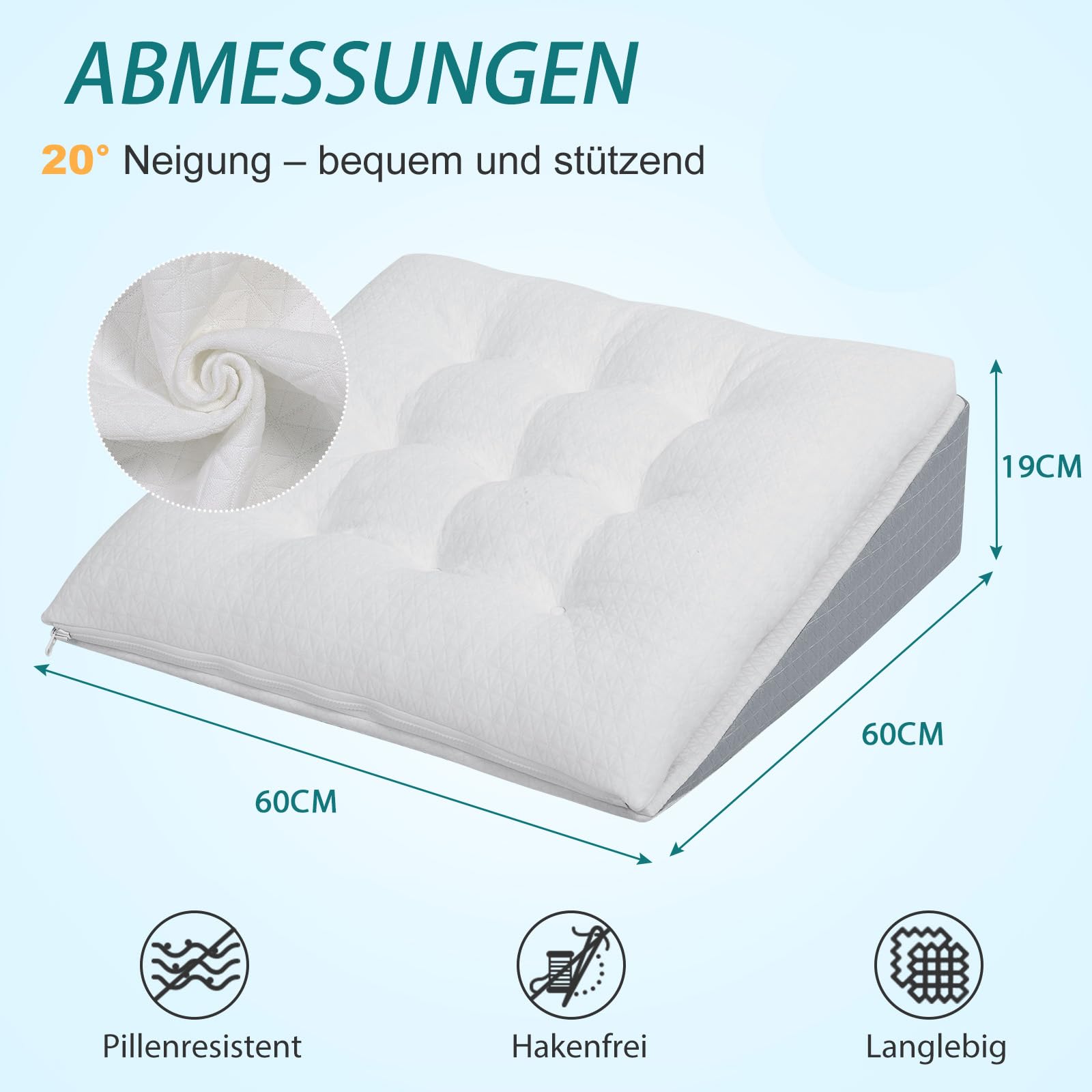 GOFORIT Keilkissen für Bett & Sofa, Individuell anpassbare Memory-Schaum-Auflage, Matratzenkeil, Groß Lesekissen zur Schlaferhöhung Rückenkissen als Bettkopfteil, Rückenstützkissen, 60x60x19