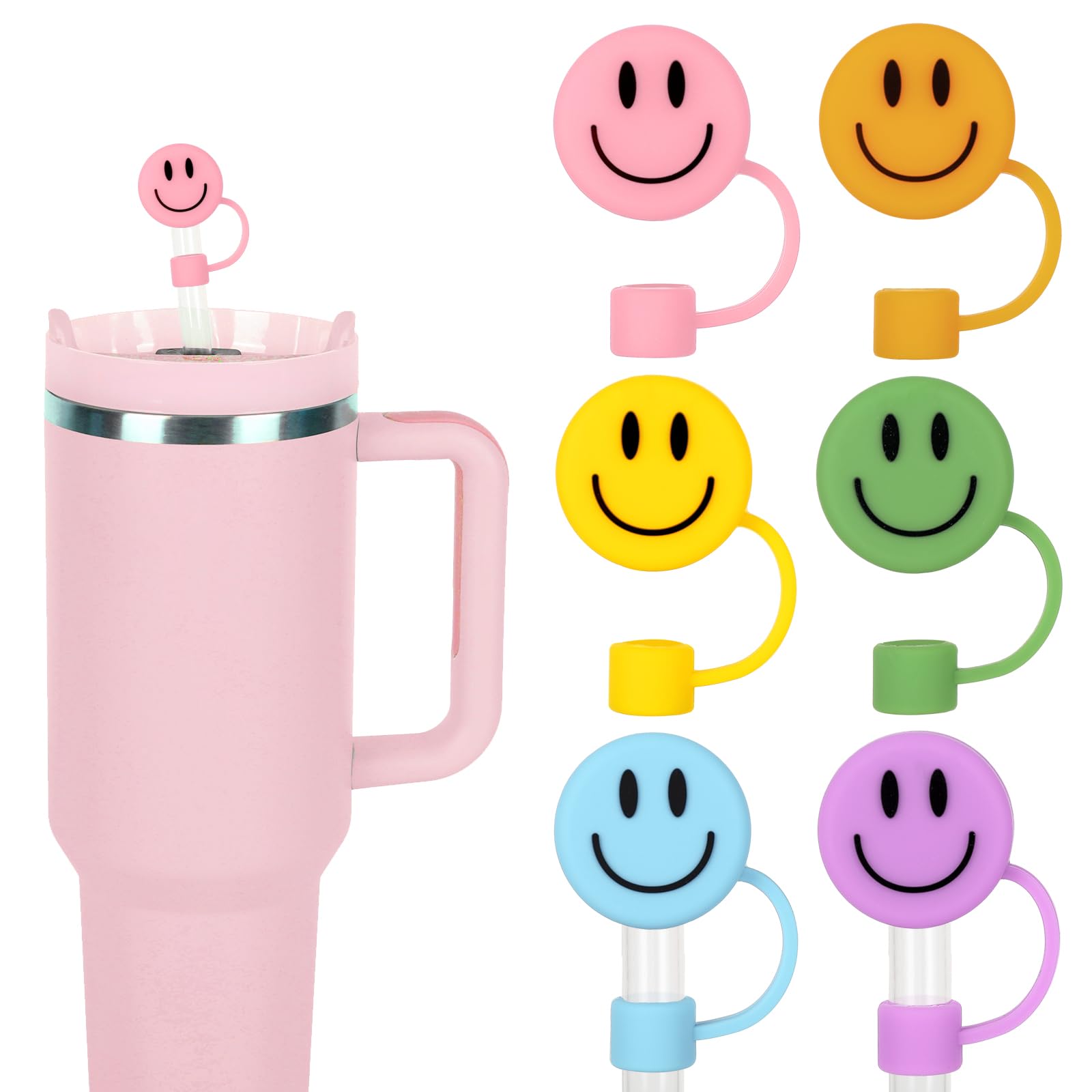 Whaline 6Pcs Groovy Smile Face Straw Covers 0.4 Inch Silicone Reusable Round Straw Topper Double Sided Pattern Straw Tip Covers for 30 & 40 OZ Tumbler