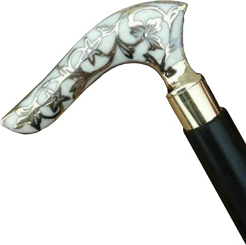 Bastón de madera vintage latón antiguo diseñador palo con diseño floral mango negro hecho a mano bastón