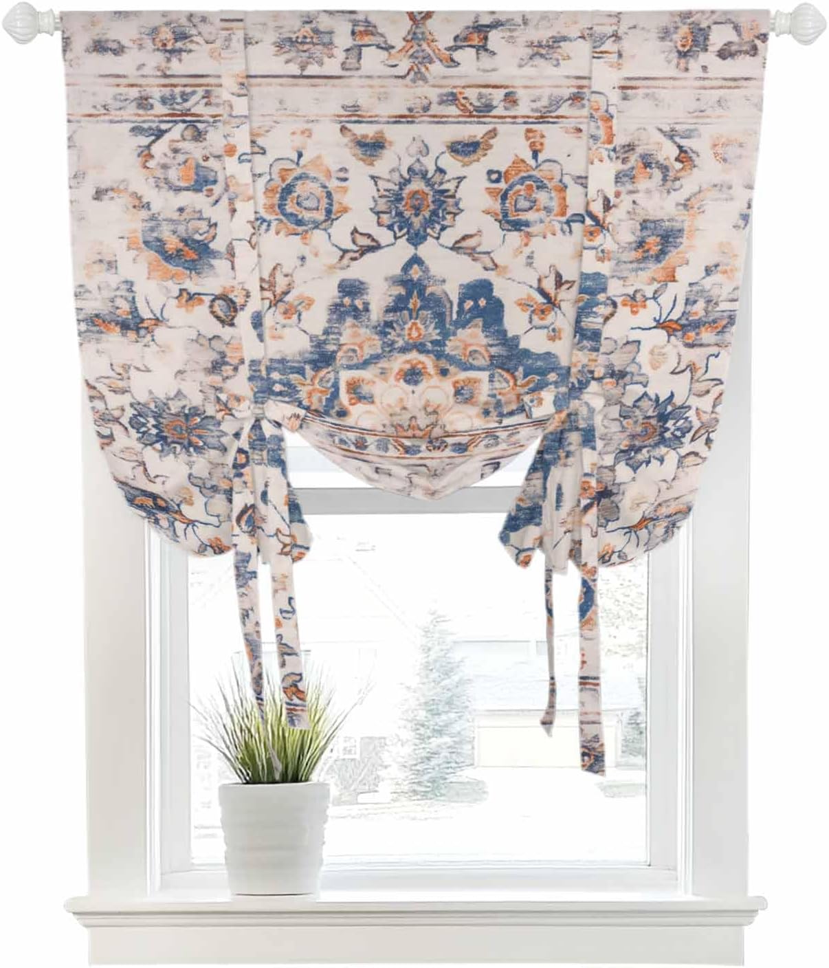 Tie Up Curtain for Windows Retro Tribal Balloon Window Shades for Bedroom Bathroom Adjustable Rod Pocket Bohemian Ethnic Window Treatments Curtains Valance for Kitchen 52" W x 63" L