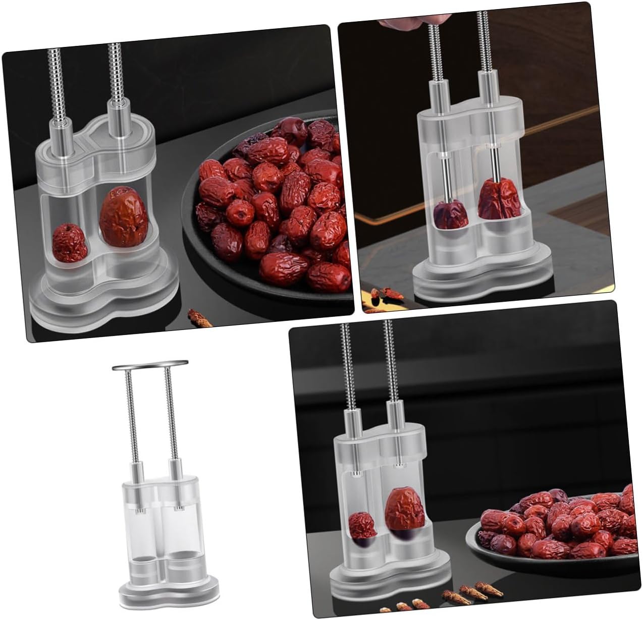 Metal Cherry Pitter with Dual Core Remover Automatic Recoil Push-down Kitchen Fruit Pit Remover Tool Compact Lightweight Stainless Steel Cherry Seed Extractor for Easy and Safe Use
