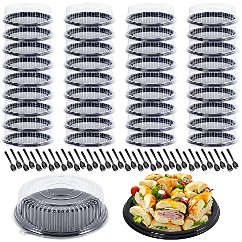 36 Pack 12 Inch Disposable Catering Trays With Lids Heavy Duty Serving Tray With Clear Lid And Sporks, Large Plastic Round Black Cookie Platter Elegant Sandwich And Veggie Plates For Parties #TOP6