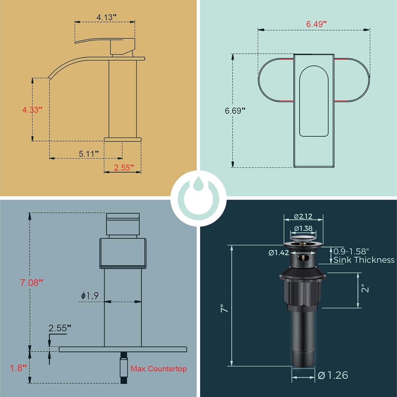 FORIOUS Single Hole Bathroom Faucet Black, Matte Black Waterfall Bathroom Faucet Single Handle, Lavatory Tap with Metal Pop up Drain Assembly, RV Bathroom Sink Faucet One Hole with Waterfall Spout - 