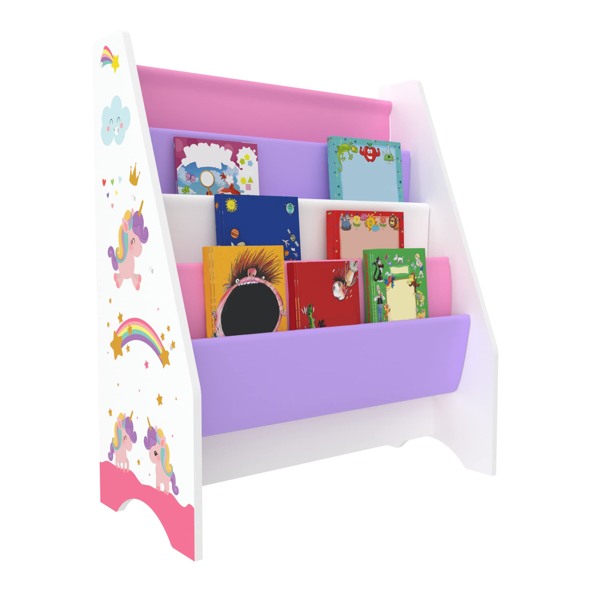 [en.casa] Scaffale per Cameretta con 4 Contenitori Morbidi a Scaletta - Mobile Porta Libri a Misura di Bimbi - Decorazione Unicorno - Rosa/Viola