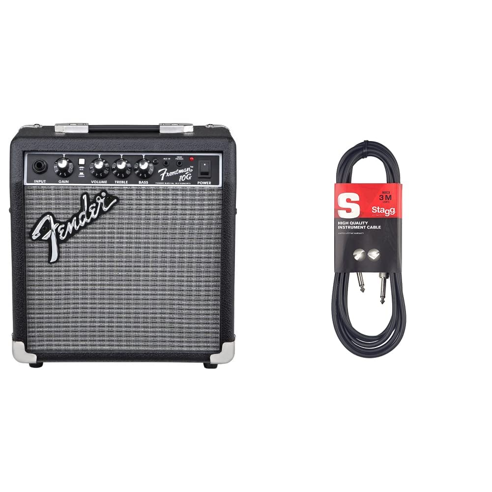 Fender FRONTMAN 10G Amplificatore Per Chitarra, 230V EUR & Stagg Cavo per Strumenti, Alta Qualità Jack, Dritto - Deluxe, 3 m, Nero