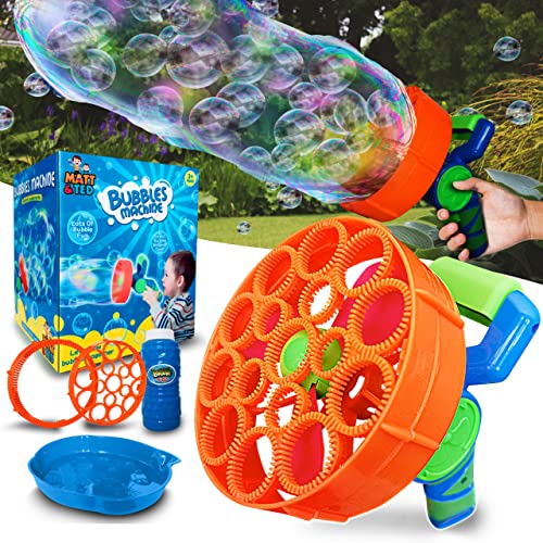 MATT & TED Automatic Bubble Gun Blower - Bubble Guns for Kids with 2 Wands for Big & Small Bubbles and Bubble Solution - Comfortable Grip, Large Snout, Tons of Bubbles - Perfect Bubble Gun for Kids