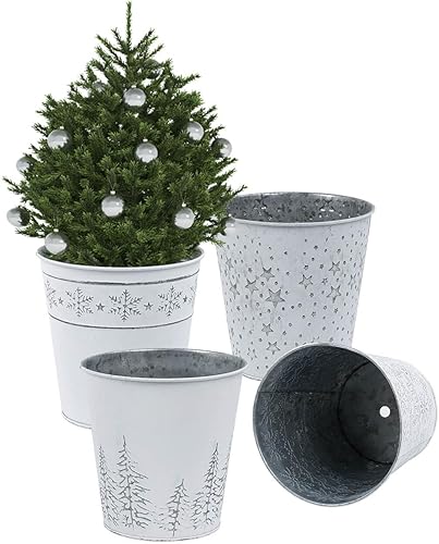 Cubos de metal galvanizado blanco de Navidad, 4 macetas rústicas de hojalata con orificio de drenaje y enchufe, regalo de Navidad, maceta vintage