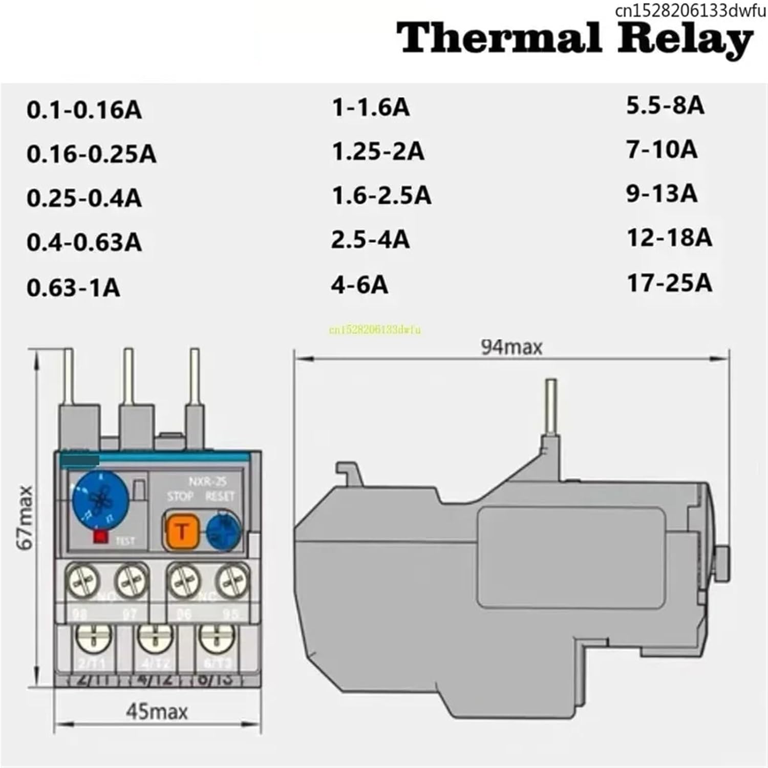 NXR-25 0.16A 0.25A 0.4A 0.63A 1A 1.6A 2A 2.5A 4A 6A 8A 10A 13A 18A 25A Thermal Overload Relay AC Contactor(7-10A)
