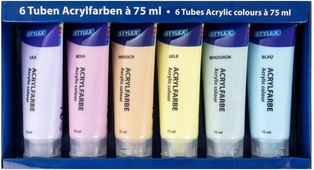 Stylex 28629 Pastel Acrylic Paints Set with 6x 75 ml Tubes, Water-Based, Matt, High Coverage and Colour Strength, Fade-Resistant, Quick-Drying and Waterproof