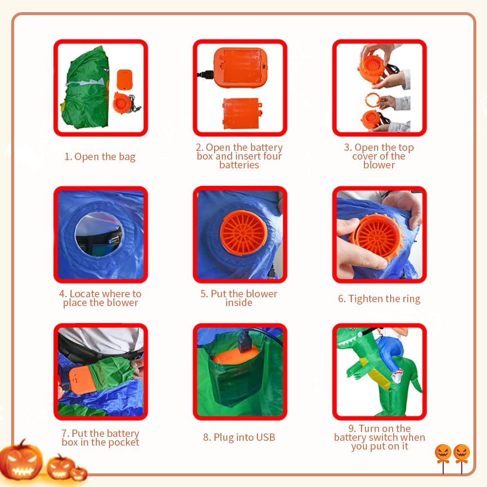 LOLANTA Disfraz inflable de dinosaurio infantil Disfraces de fiesta de disfraces de Halloween Disfraces de T-Rex, Naranja, 6-12 años/130-160cm, M