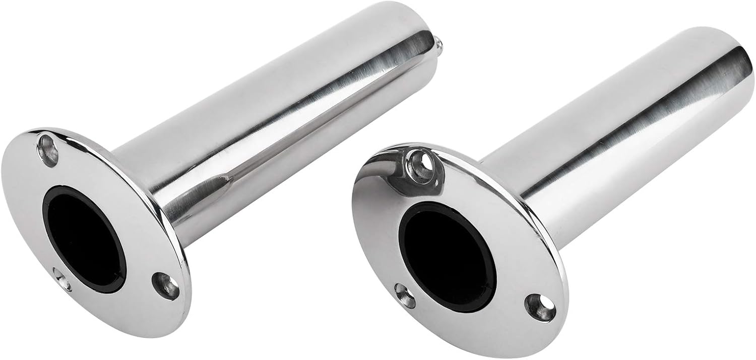 YaeMarine 2-Pack Heavy Duty Stainless Steel 316 Deluxe Rod Holders with Drain, Flush Mount Fishing Rod Pole Holders, 30 Degree /15 Degree/90 Degree