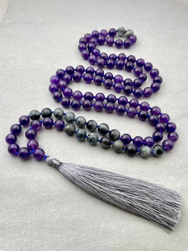 Collar de meditación con borlas de protección espiritual y curación con 108 cuentas anudadas de amatista AAA y ojo de gato naturales Japa Mala