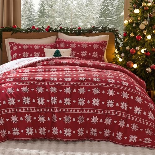Image of Bedsure Christmas Comforter Set Queen - Christmas Bed Set with Snowflakes, Soft Bedding for Holiday, 3 Pieces, 1 Soft Snowflake Printed Comforter and 2 Pillow Shams