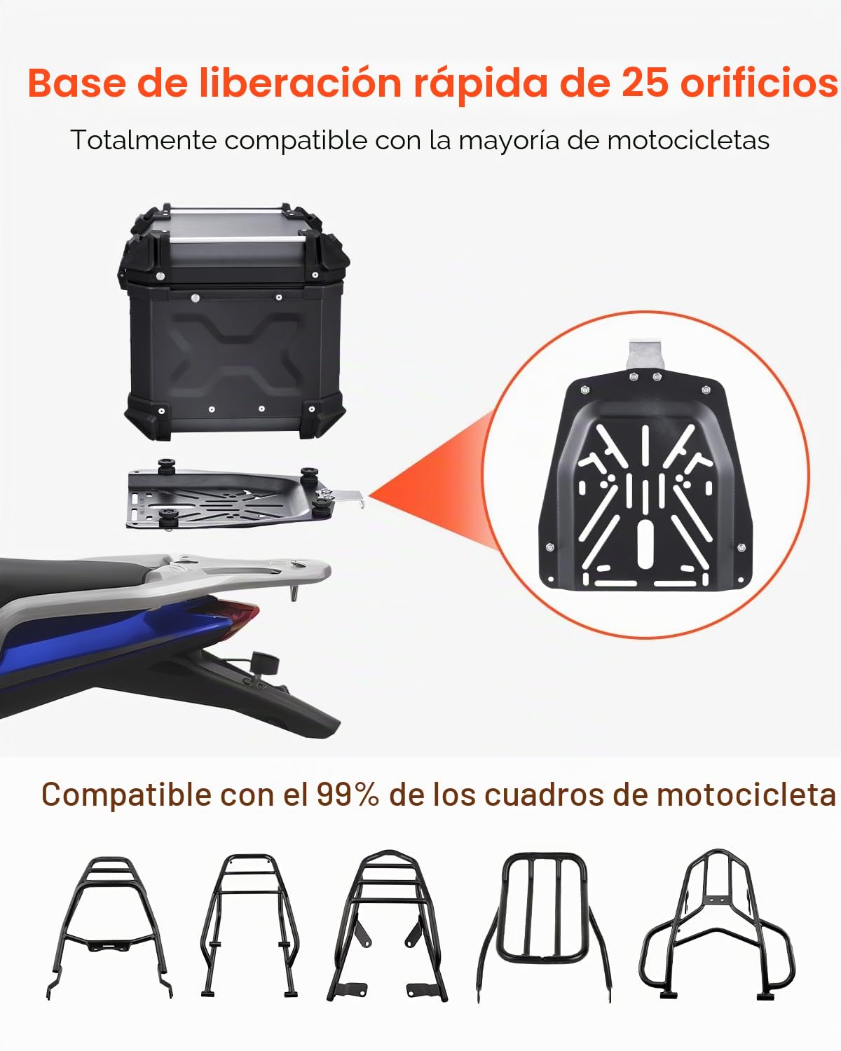 VEVOR Baúl para Motocicleta, Baúl Trasero Universal de Aleación de Aluminio con Forro de Cuero, 55 L, con Cerradura y Cojín Trasero, Apto para el 99% de los Cuadros de Motocicleta, 470 x 430 x 367 mm