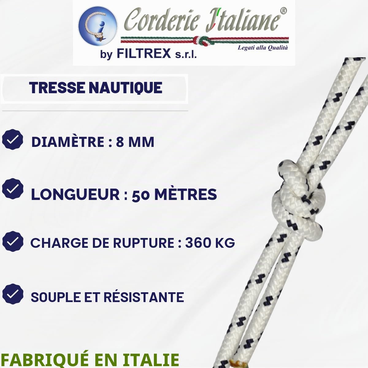 Corderie Italiane 6014249-00 Braid Nautica 08 Mm-050 M Blanc avec Étiquette en Plastique Bleu Couleur : Blanc Bleu avec Marqueur