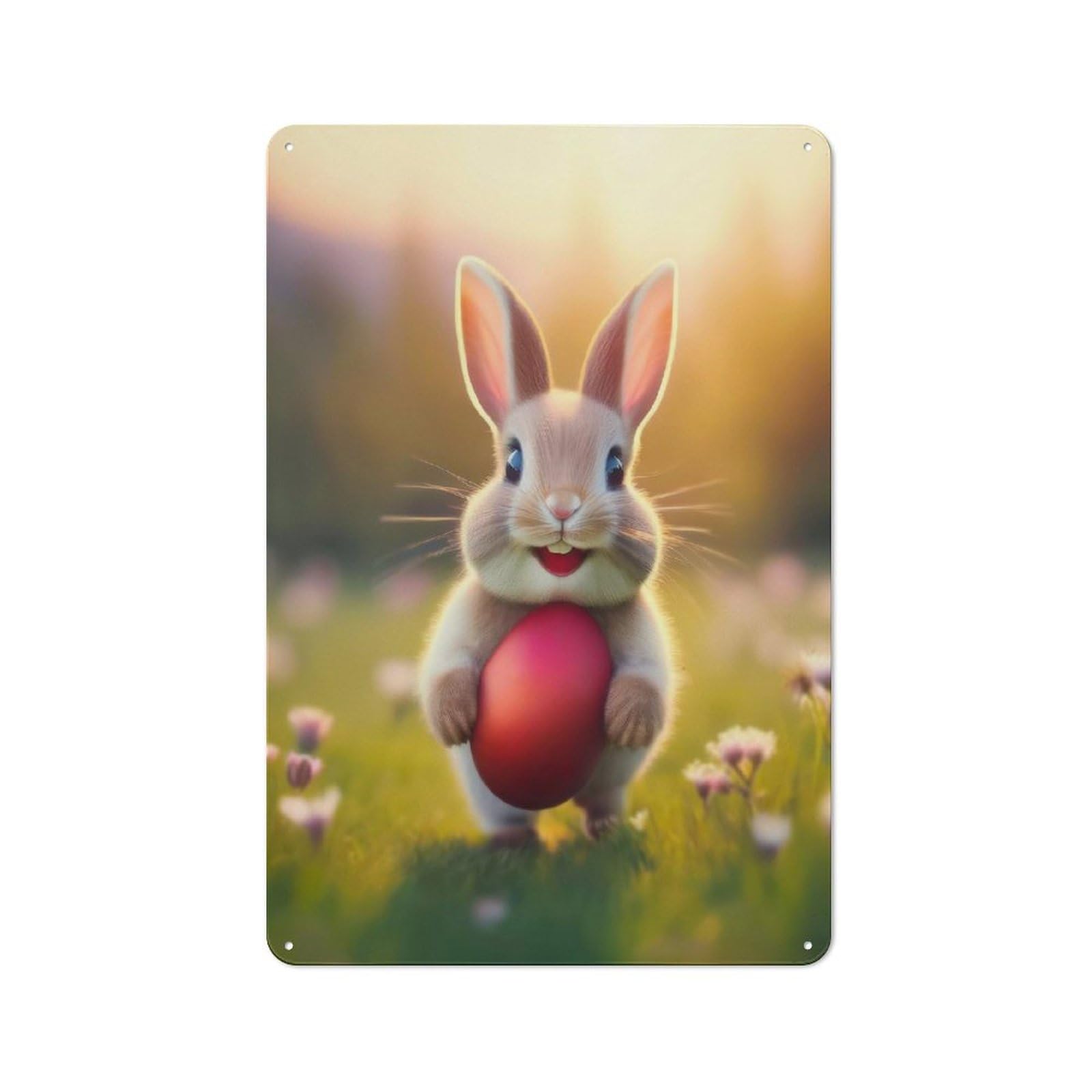 Easter Bunny with Red Egg Garage Metal Sign 30x20cm, Weathered Look Shed Wall Plaque for Garage, Workshop, Shed Or Utility Room
