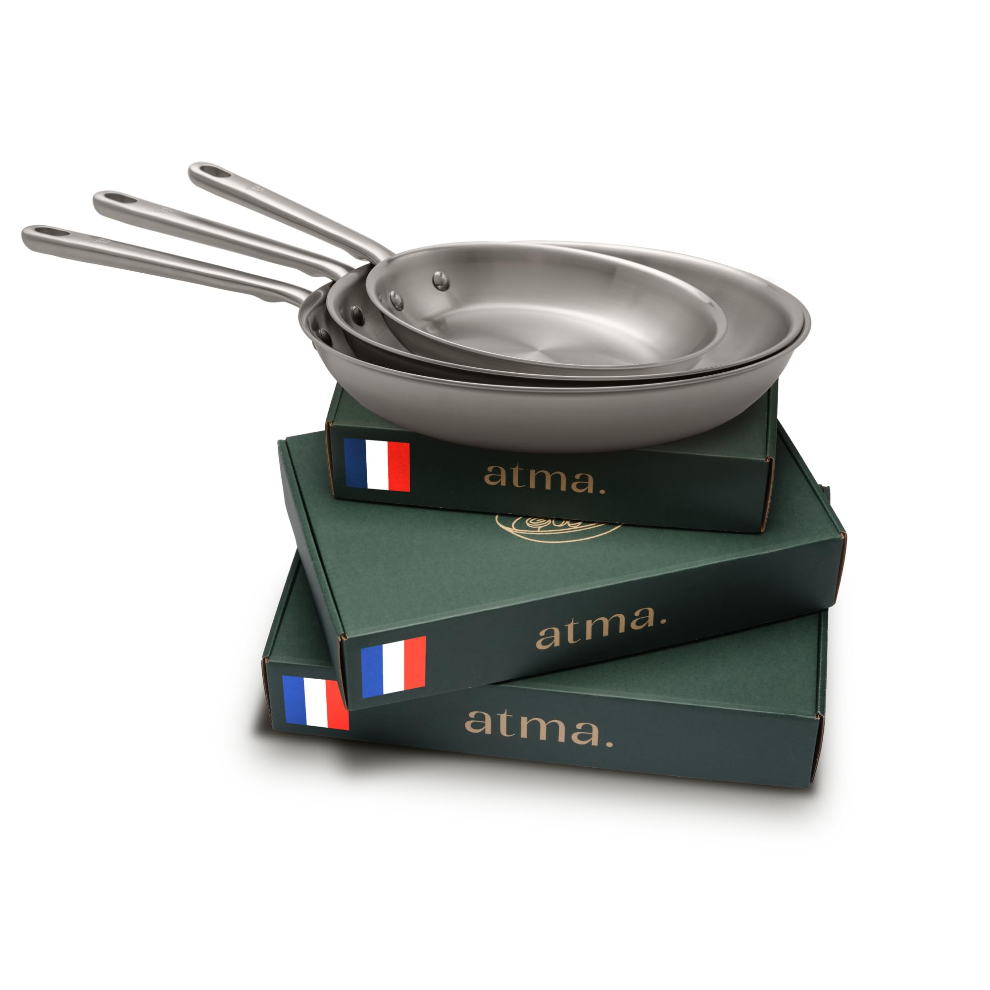Atma Set de 3 Poêles Inox Triple Couche - Poêles Induction 20, 26 et 28 cm avec Manche Riveté - Sans PFAS ni Revêtement Chimique - Compatibles Tous Feux et Four - Fabriquées en France