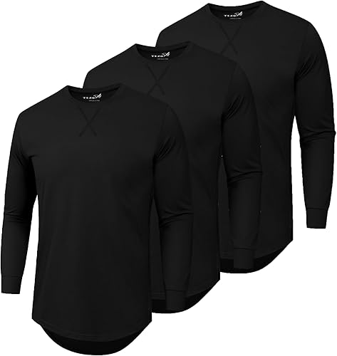 Paquete de 3 camisetas lisas de algodón para hombre de manga corta, cuello redondo casual, camisetas hipster de hip hop de línea larga, corte caído,