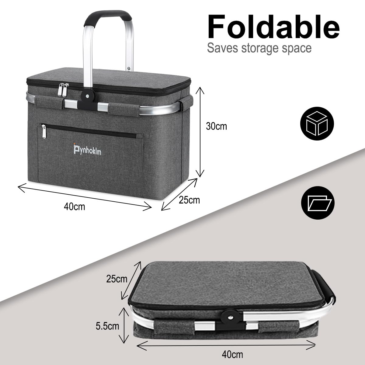 30L Kühlkorb Einkaufskorb mit Seitenstütze isolierte Tragekorb Faltbar Picknickkorb mit Deckel Thermotasche Thermokorb mit Alurahmen Stabiler Korb-für Reisen/Picknick/Einkaufen