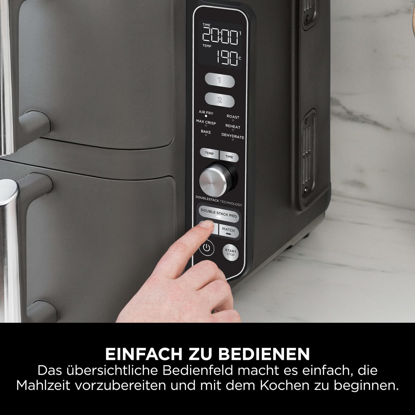 NINJA Double Stack XL Friteuse sans huile, friteuse verticale à 2 tiroirs, 4 niveaux cuisson, 2 tiroirs et 2 grilles, design compact, capacité de 9,5L, 6 fonctions de cuisson, 8 portions, gris SL400EU