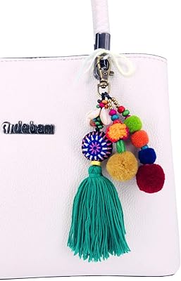QTMY Pom Pom Shell Beads Tassel Bag Charm Pendant Boho Keyring Keychain for Women Purse Handbag Decor