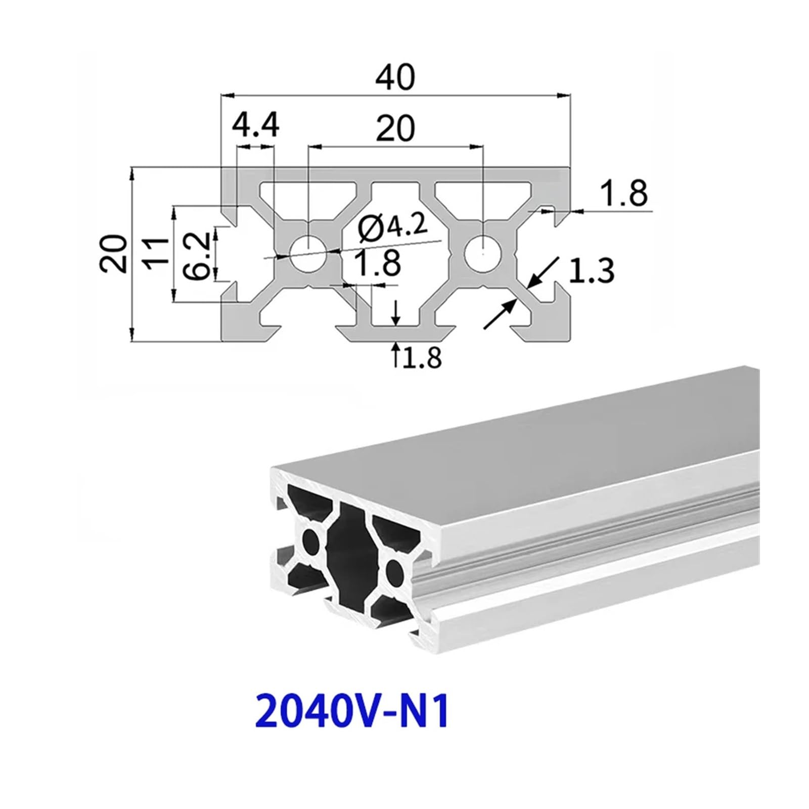 Profilo in alluminio con scanalatura a V 2040V-N1 Binario for stampante 3D in estruso argento 1 pezzo(950mm)