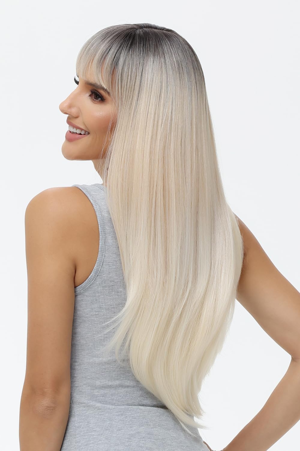 BUYOGET Long Wigs for Women with Fringe Adjustable Straight Synthetic Hair Wig Cosplay Daily Use Wigs 24 inch Ombre Blonde - Image 3