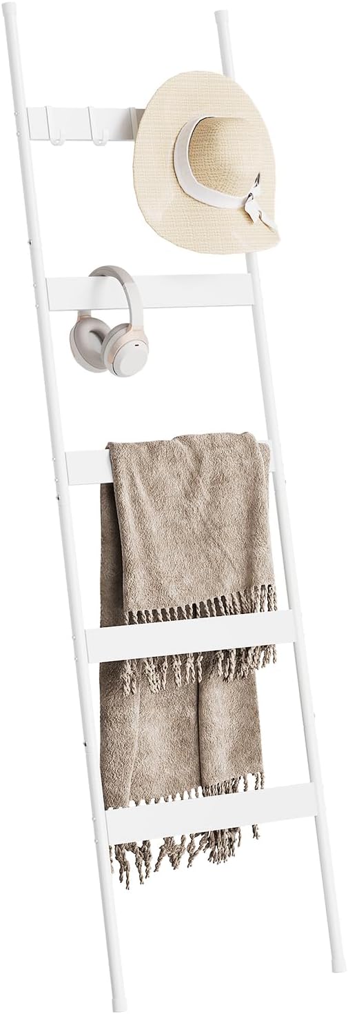 Blanket Ladder for Living Room, Farmhouse 5-Tier Quilt Holder with 4 Removable Hooks for Bathroom, Wood Towel Rack Display, Wall Anchor Leaning Decorative Stand for Home, White