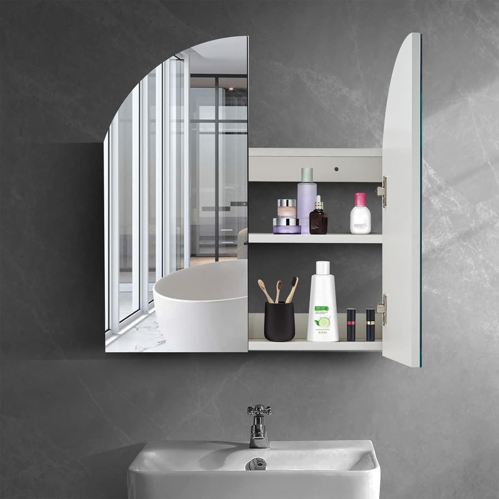 Armadietto da bagno con specchio bianco ad arco con mensola regolabile, soluzione elegante e funzionale per piccoli spazi, moderno bagno nization