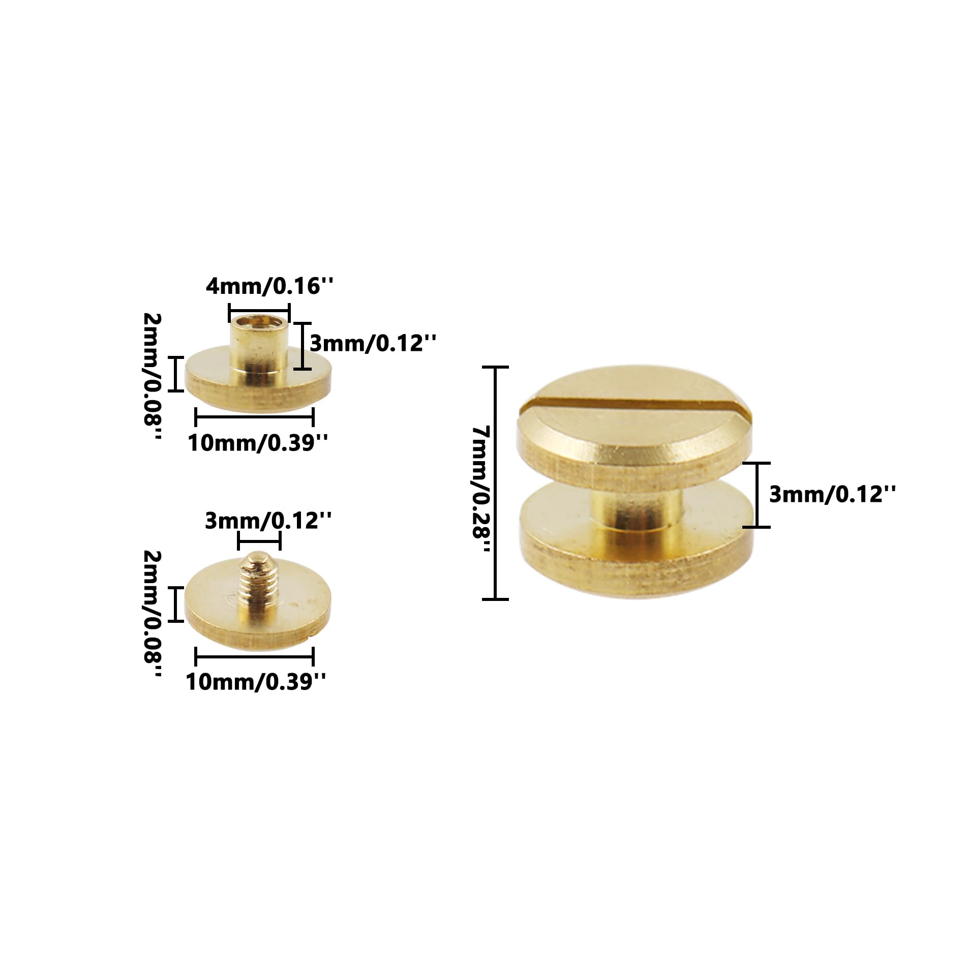 Brass Backscrews,TTZEZE Sturdy Golden Leather Fasteners,Flat Fillister Rivets Back Screws,H-Nail Leather Rivets Belt Screws,50 Set of Binding Stud Screws,Brass Chicago Screws for DIY 3mm/0.12''