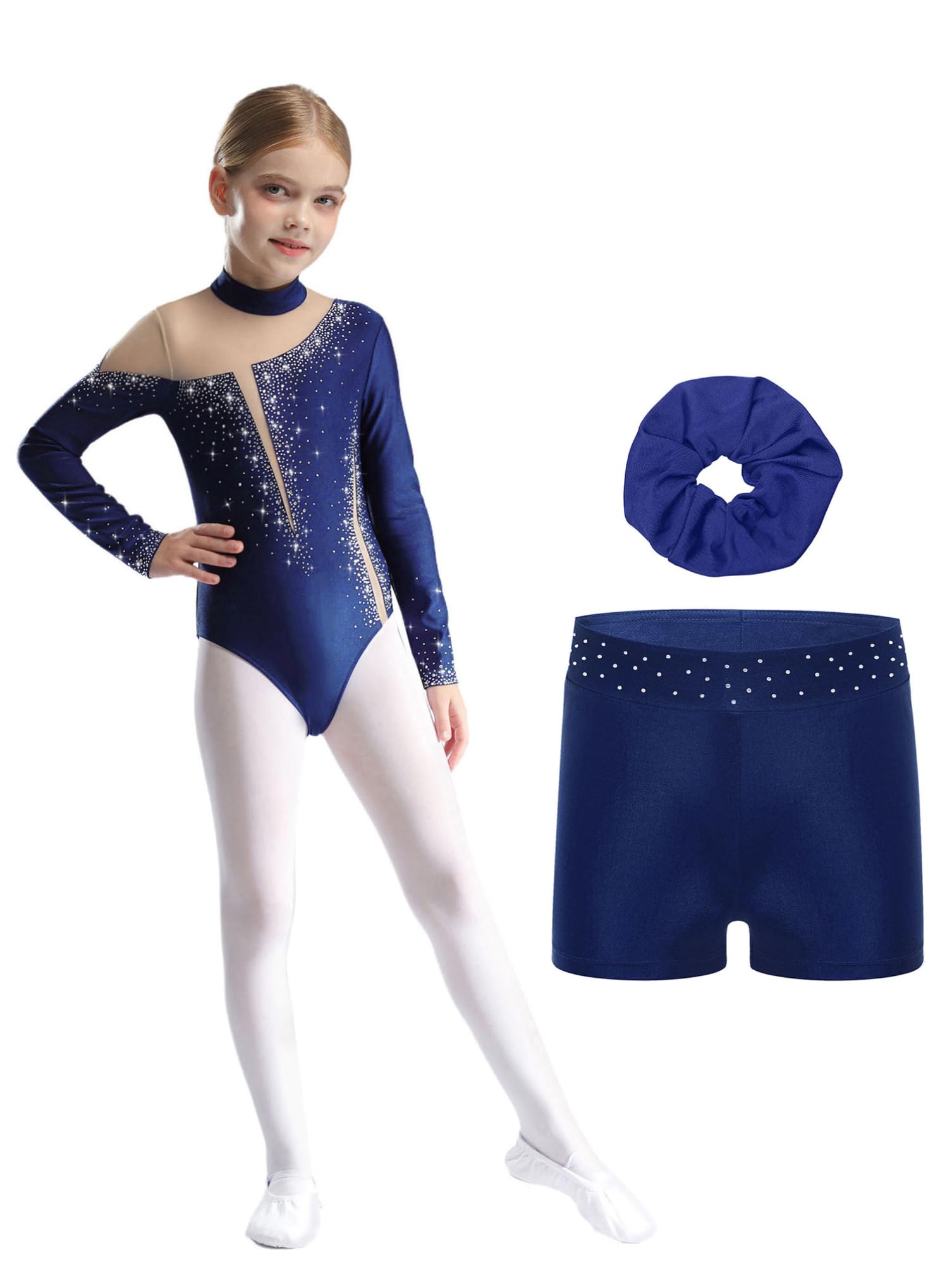 dPois 3 Pièces Enfant Fille Ensemble de Gymnastique Justaucorps Strass Short et Elastique Chouchou Spectacle 5-16 Ans
