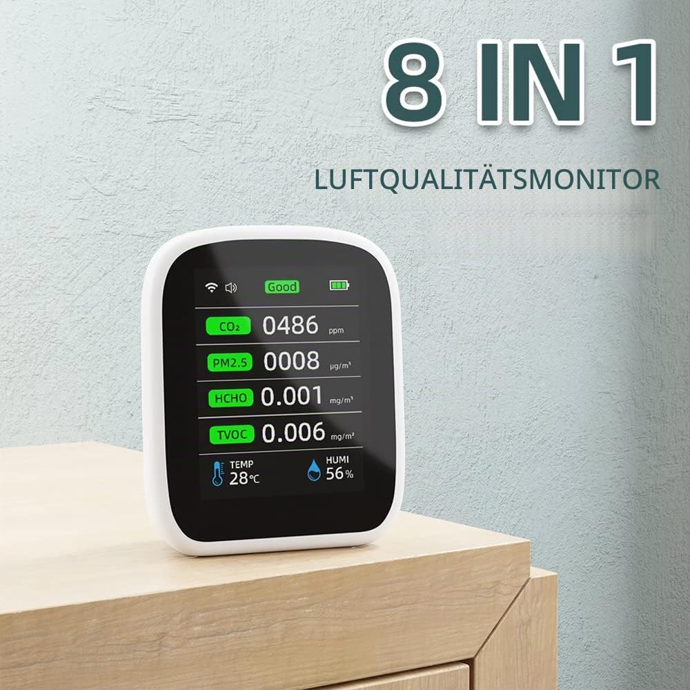 Irfora Tuya WiFi Tragbares Luftqualitätsmessgerät 8in1 PM1.0 PM2.5 PM10 CO2 TVOC HCHO Temperatur- und Feuchtigkeitstester LCD-Farbbildschirm Kohlendioxiddetektor mit Zeit- und Datumsanzeigefunktion