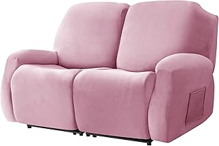 Stretch Recliner Loveseat Cover, 6 Pieces Recliner Slipcovers Soft Velvet Couch Cover for 2 Seats Non-Slip Furniture Protector with Pocket (Pink)