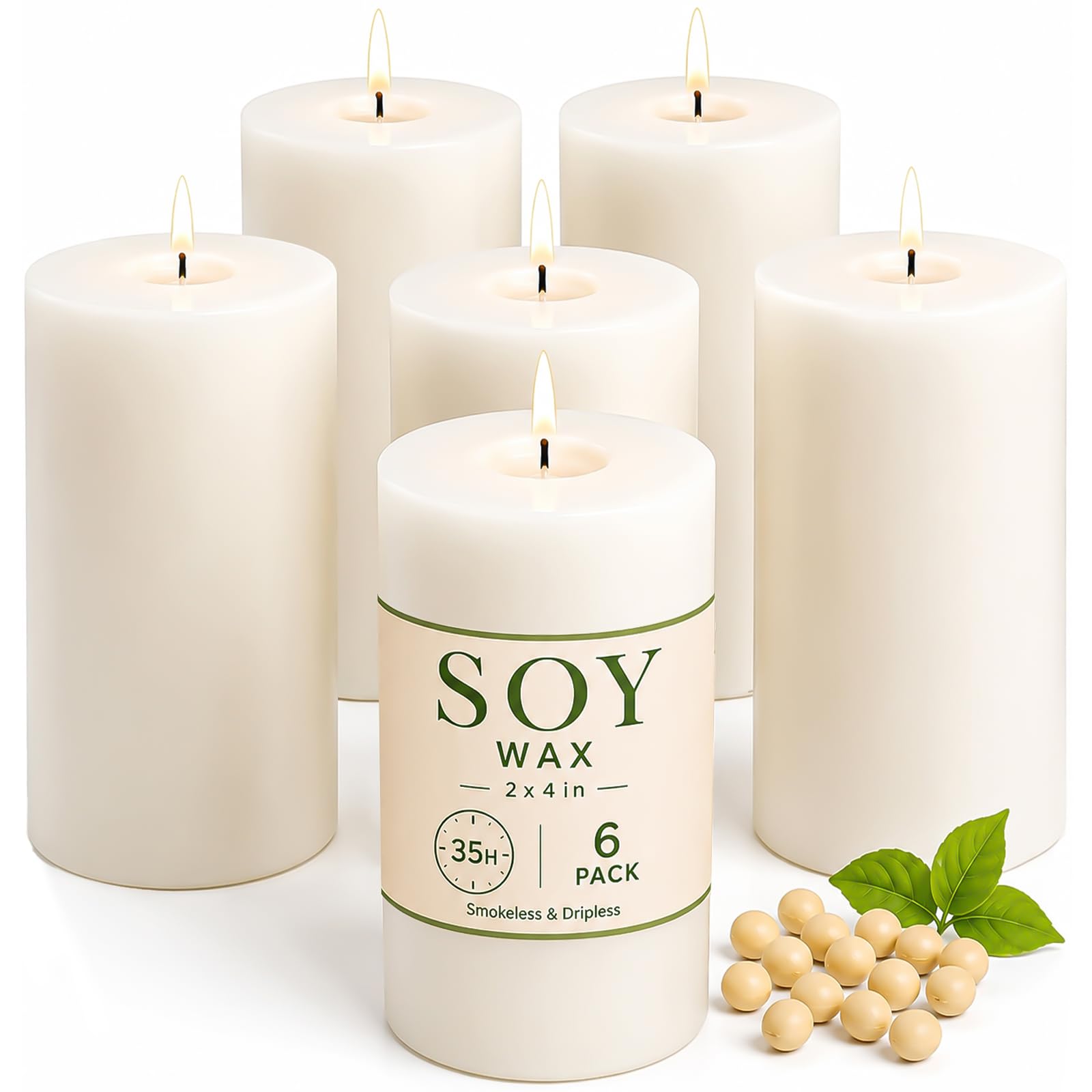 Soy Pillar Candles 6 Pack, White Non-Toxic Unscented Candles for Home Decor