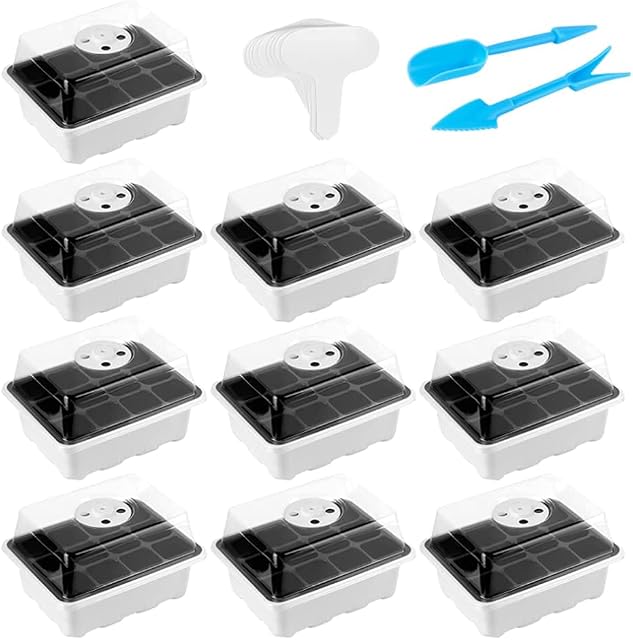 DERGH 10Pcs Seed Trays with Lids 12 Cells Seedling Starter Trays Garden Seed Propagator Tray Set Plant Starter Kit with Humidity Dome and Base Greenhouse Grow Trays for Indoor Greenhouse
