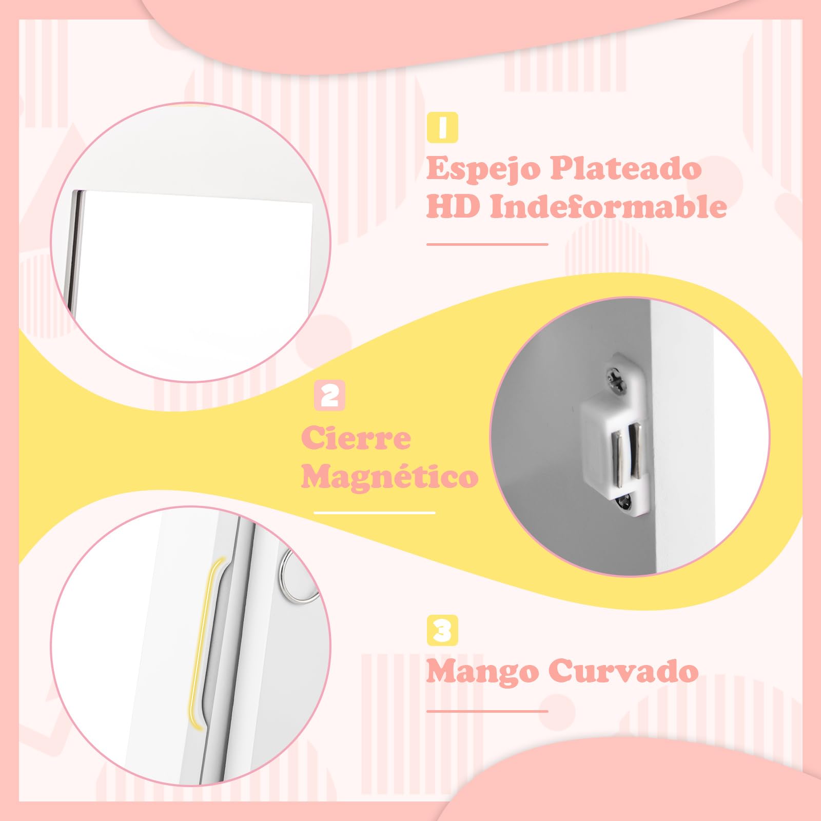 COSTWAY Armario Joyero para Niñas con Espejo de Cuerpo Completo y Base Giratoria, Blanco