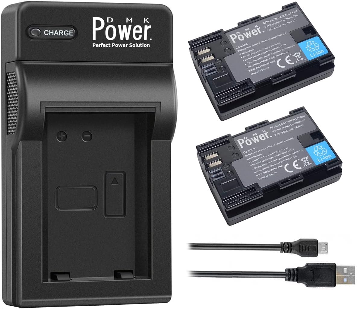 DMK Power 2 x LP-E6 LP-E6N 2300mah Battery & 1x Single Slot USB Battery Charger Compatible with Canon EOS R 60D 70D 80D 5D II 5D III 5D IV 5Ds 6D 6D 5 Cameras