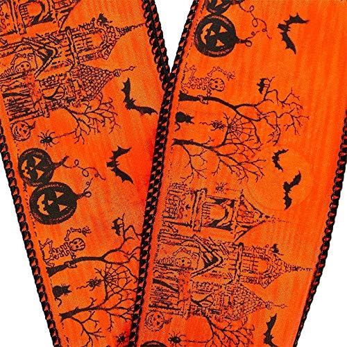 2 1/2" X 10 Yards Black/Orange Halloween House Wired Ribbon