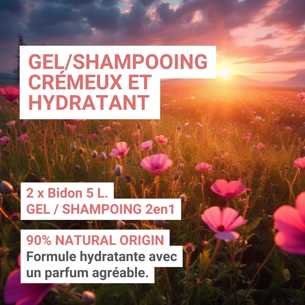 GPQ - Gel/Shampooing 2en1 ROSE PETALS 5 ltr. | 2 Bidons | 90% Natural Origin | Recharge doseur avec Après-shampooing sans Parabènes | Hôtel, B&B, Gîte Rural, Camping, Croisière, Gym | Fabriqué l’UE