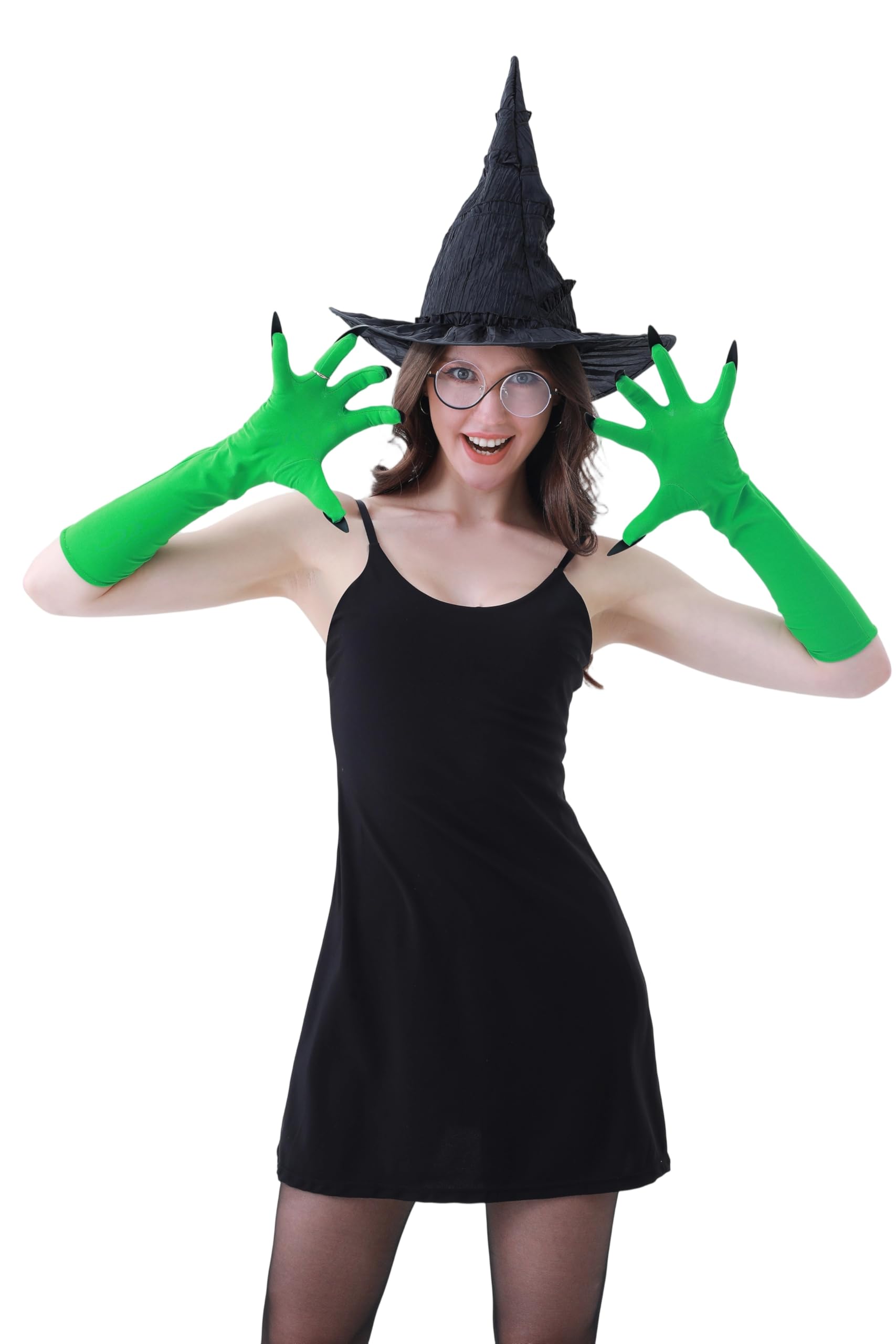 Dozesheep 4 Pcs Wicked Witch Halloween cosplay Costumes, Witch Hat Glasses Ring Green Gloves Halloween Carnival Party - Image 3