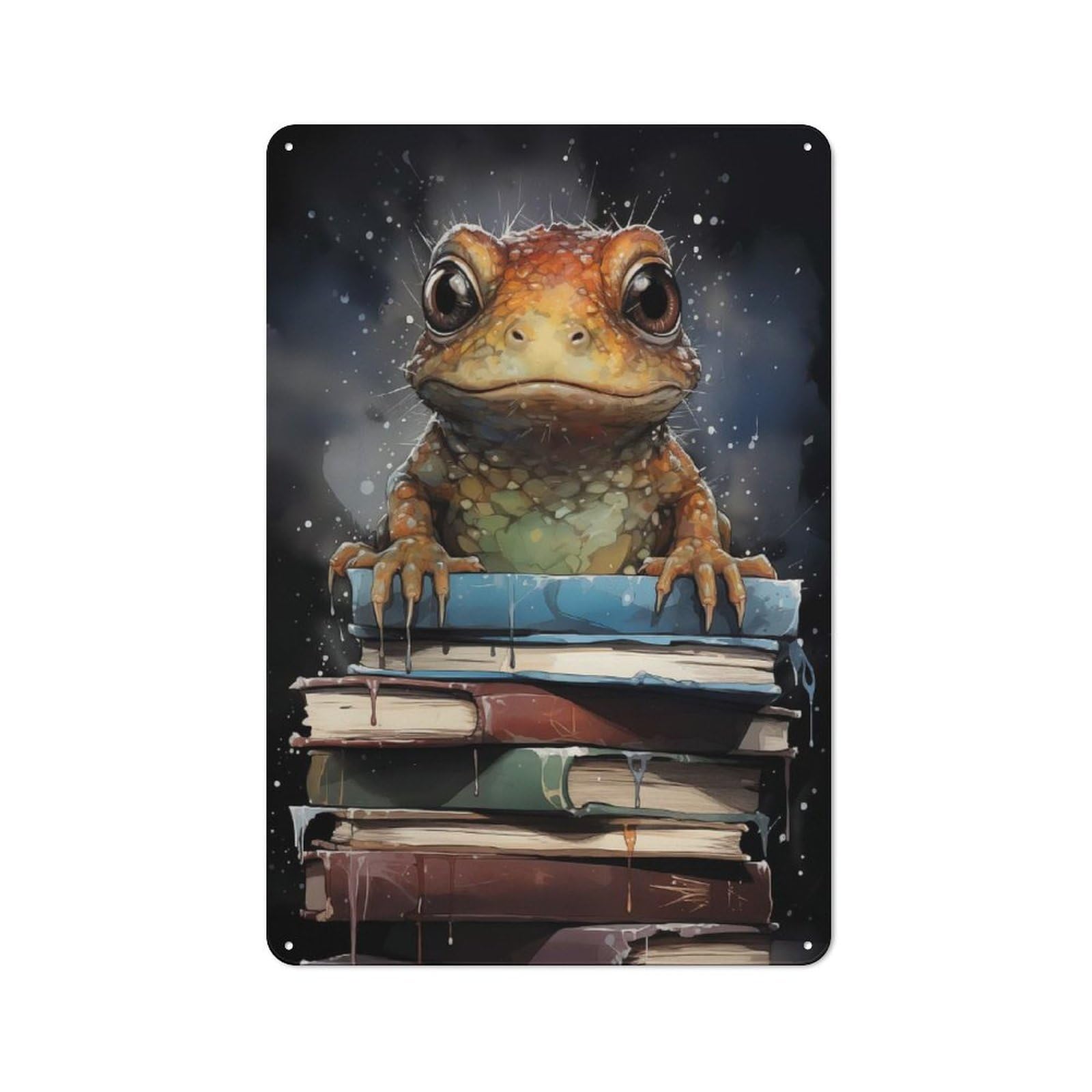 Frog on Books Industrial Metal Wall Decor 30x20cm, Tin Sign for Workshop, Basement, Shed Or Games Room