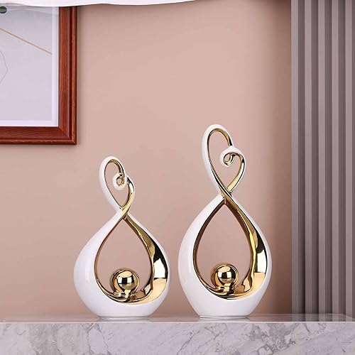 Miniatura 3 de Arte moderno para decoración del hogar, juego de 2 piezas de escultura abstracta de cerámica, decoración de habitación blanca y dorada, hermosa