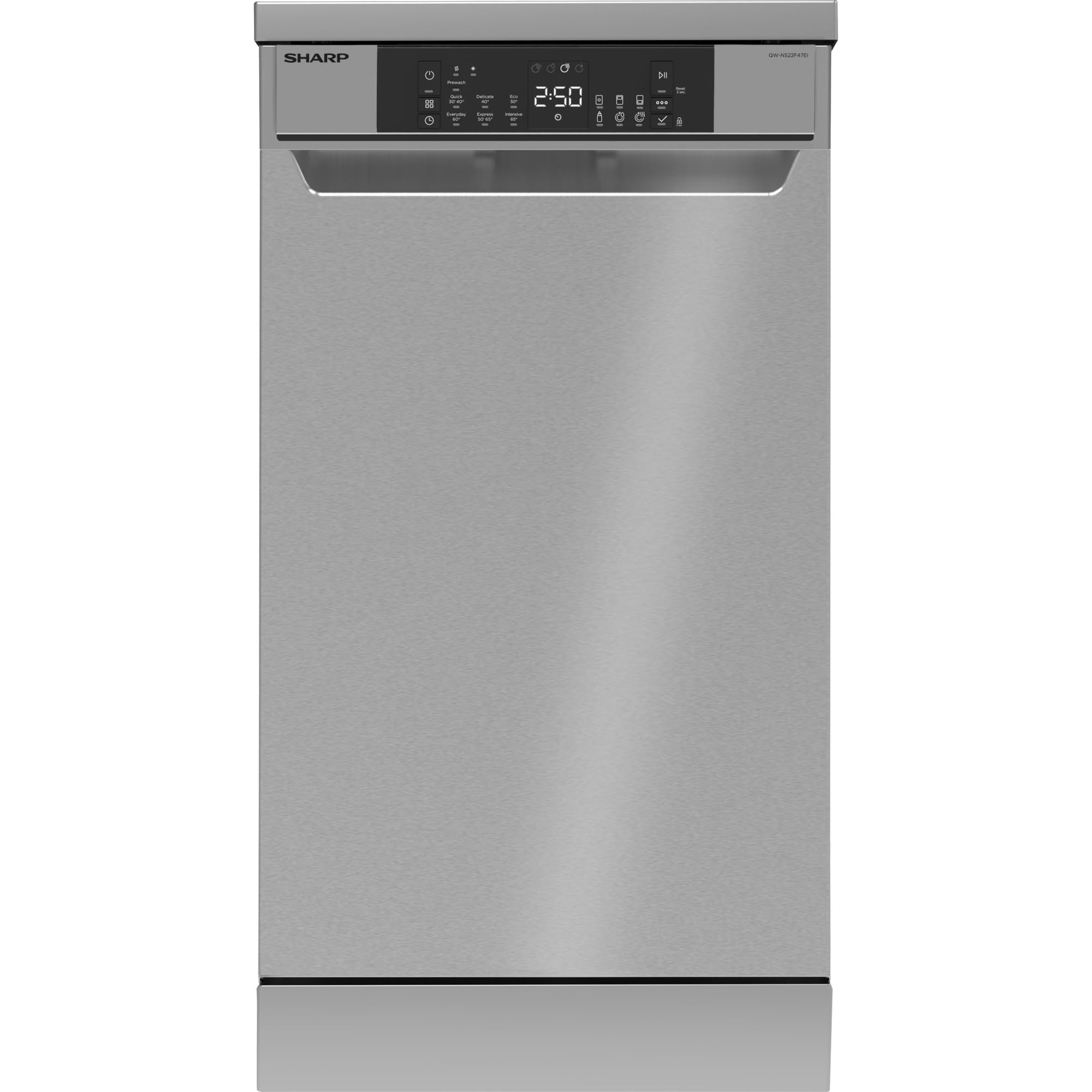 Sharp QW-NS22F47EI-DE Freistehender Geschirrspüler / 45 cm/E / 10 Maßgedecke mit Besteckschublade / 7 Programme mit 30 min. Kurzprogramm/Edelstahl