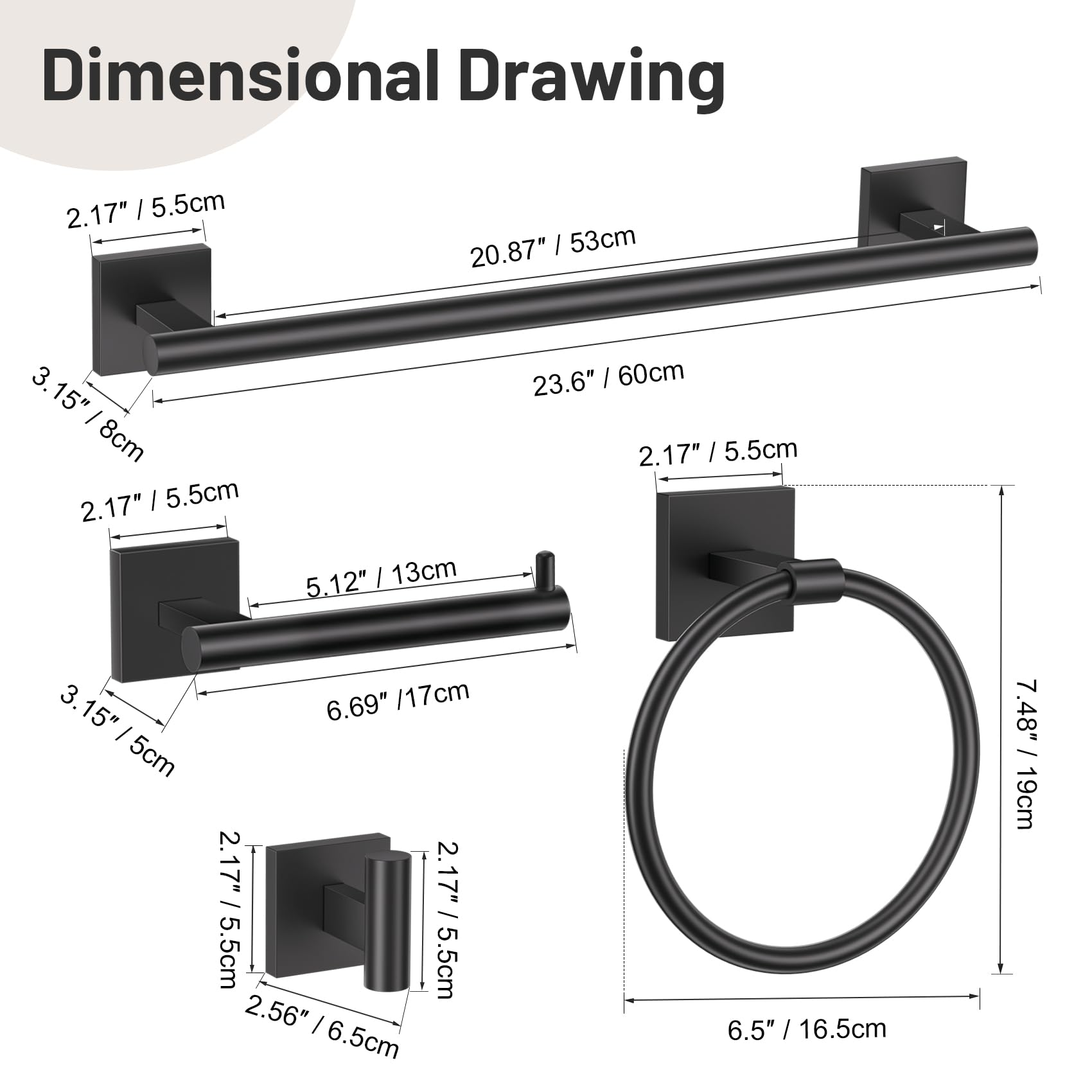 Matte Black Bathroom Hardware Set - 5 Piece Towel Bar -7