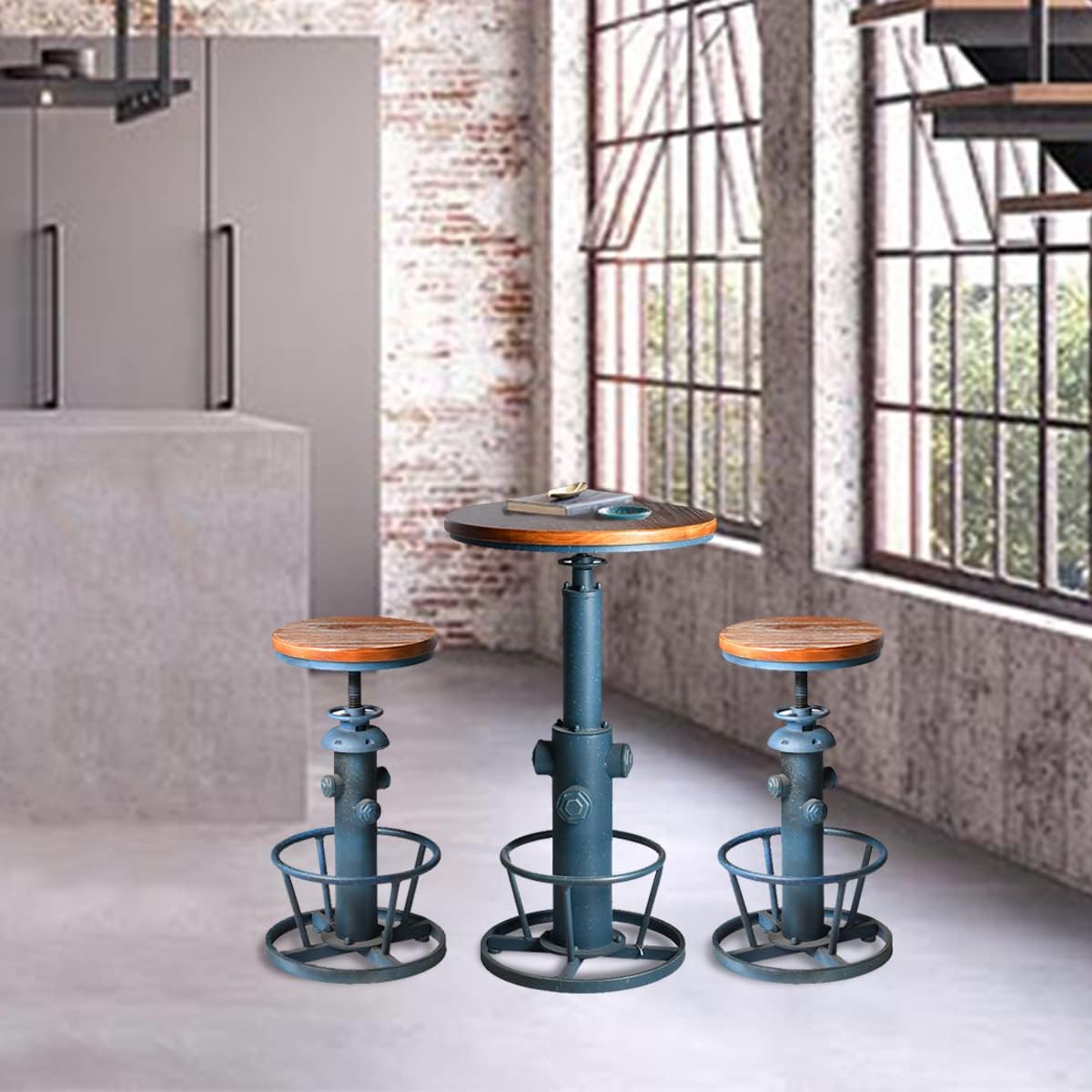 Topower 3 Piece Pub Bar Set Retro Round Bar Table and Stools for 2 Height Adjustable Pub Desk and Stools Match Bar Height and Counter Barstool Antique Blue(1 Table + 2 Chairs)
