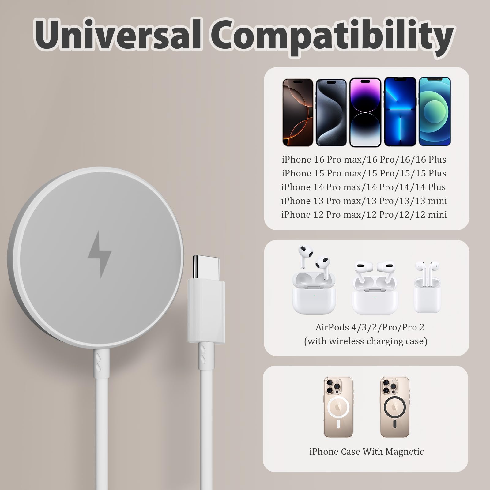 Caricatore senza fili magnetico lungo 10 piedi caricatore rapido mag-sicuro per Apple iPhone 16 Pro Max/16 Pro/16 Plus/16/15/14/13/12 AirPods 3/2/Pro 2, cavo di ricarica magnetico con USB C blocco